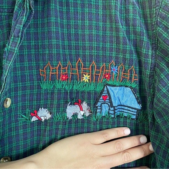 Vintage Casey & Max Green Plaid Dog Embroidered Button Down Shirt L - Picture 2 of 6